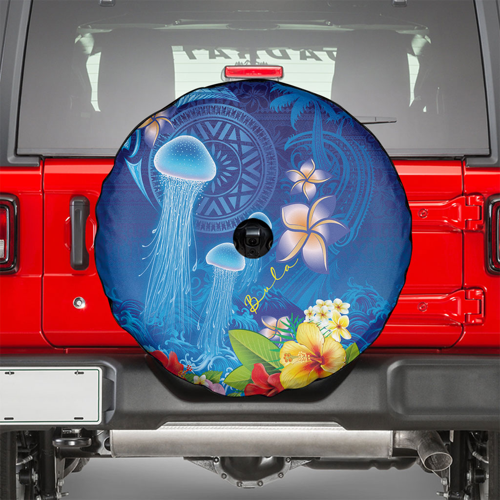 Fiji Jellyfish Spare Tire Cover Tapa Patterns and Hibiscus Sea Vibe