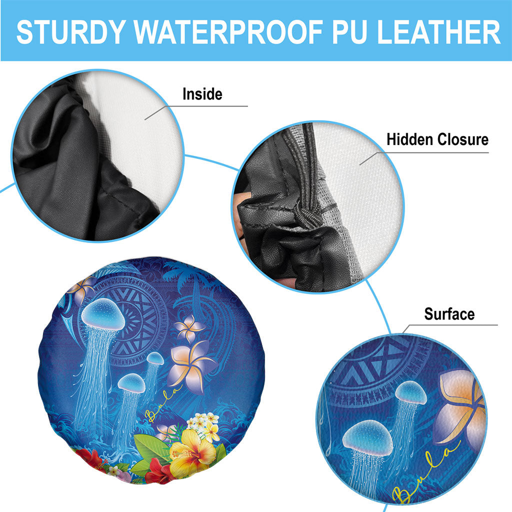 Fiji Jellyfish Spare Tire Cover Tapa Patterns and Hibiscus Sea Vibe