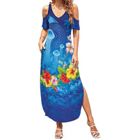 Fiji Jellyfish Summer Maxi Dress Tapa Patterns and Hibiscus Sea Vibe LT03 Women Blue - Polynesian Pride