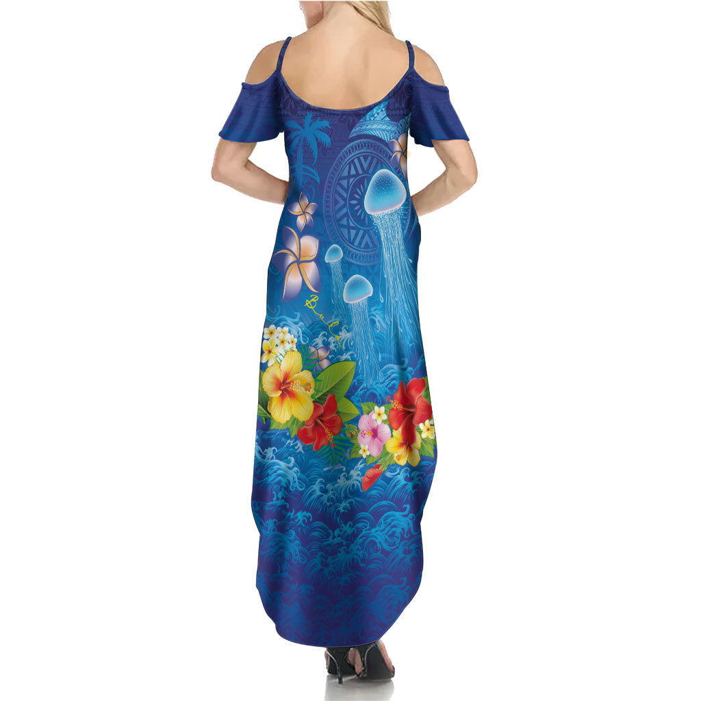 Fiji Jellyfish Summer Maxi Dress Tapa Patterns and Hibiscus Sea Vibe LT03 - Polynesian Pride