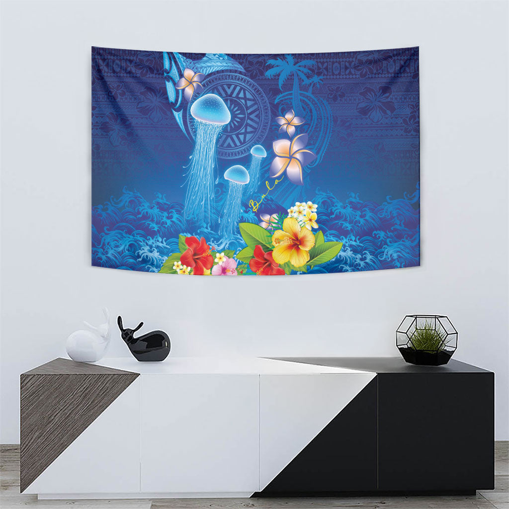 Fiji Jellyfish Tapestry Tapa Patterns and Hibiscus Sea Vibe