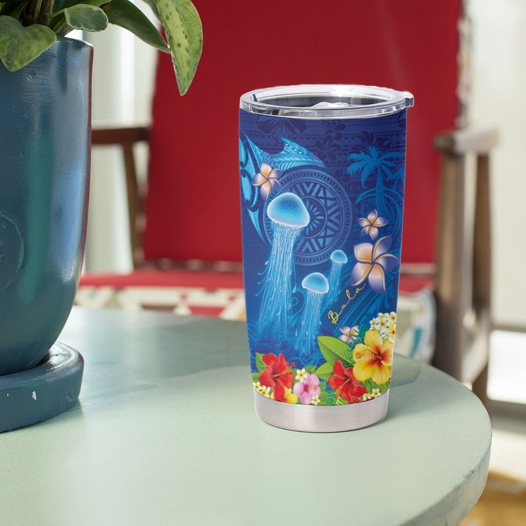 Fiji Jellyfish Tumbler Cup Tapa Patterns and Hibiscus Sea Vibe LT03 - Polynesian Pride