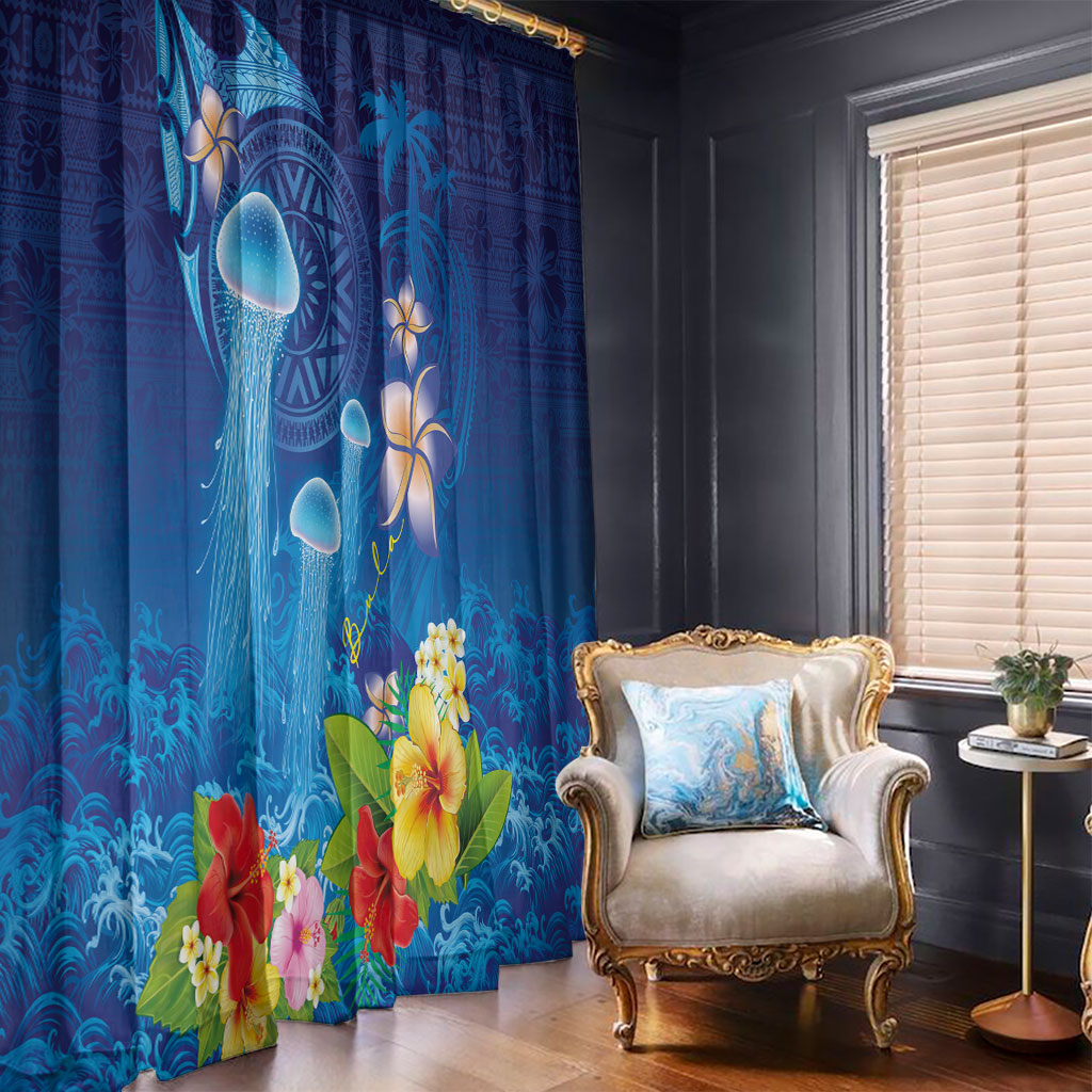 Fiji Jellyfish Window Curtain Tapa Patterns and Hibiscus Sea Vibe