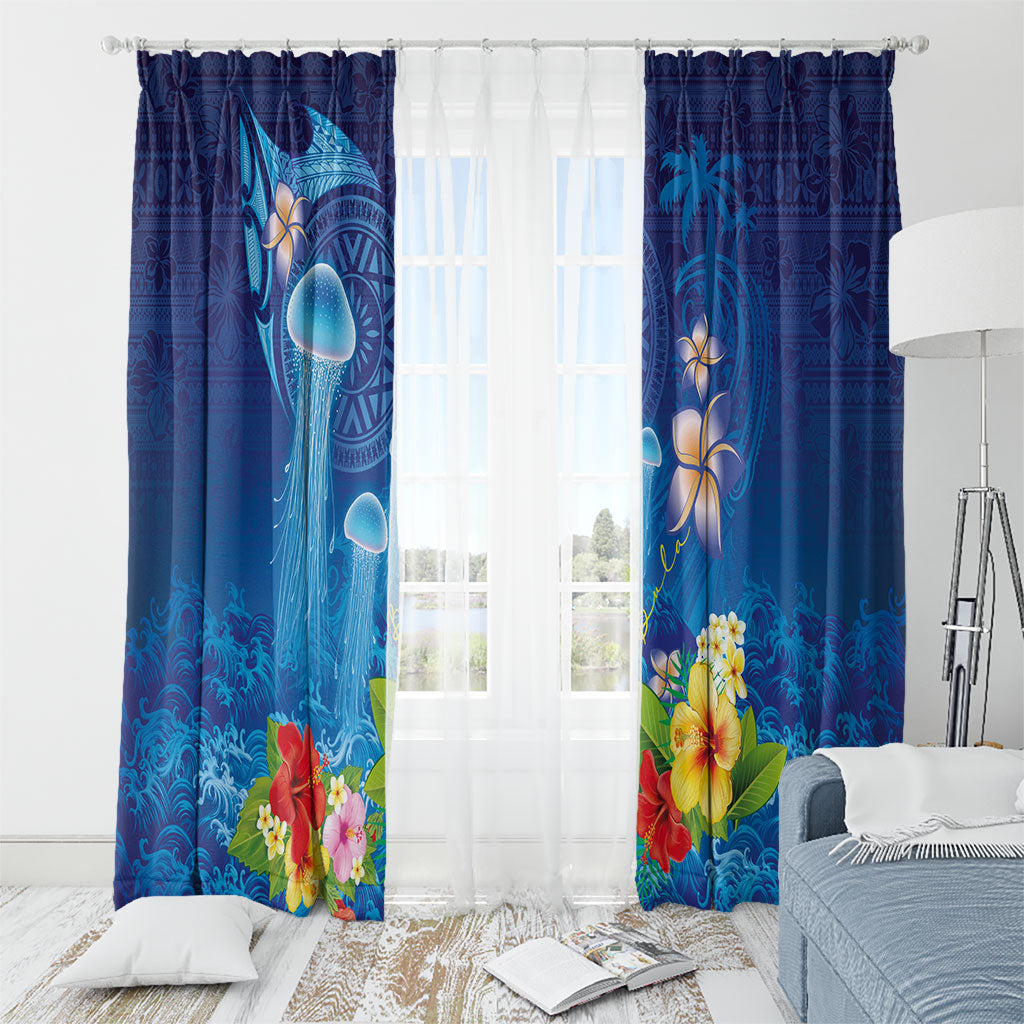 Fiji Jellyfish Window Curtain Tapa Patterns and Hibiscus Sea Vibe