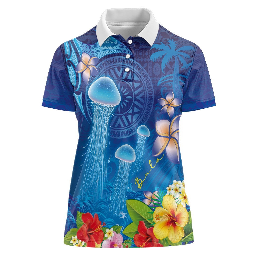 Fiji Jellyfish Women Polo Shirt Tapa Patterns and Hibiscus Sea Vibe