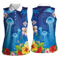 Fiji Jellyfish Women Sleeveless Polo Shirt Tapa Patterns and Hibiscus Sea Vibe