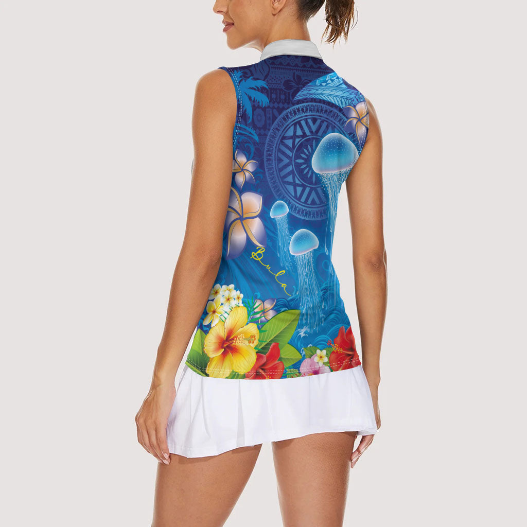 Fiji Jellyfish Women Sleeveless Polo Shirt Tapa Patterns and Hibiscus Sea Vibe