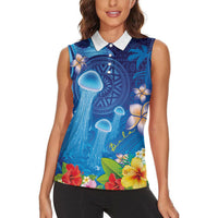 Fiji Jellyfish Women Sleeveless Polo Shirt Tapa Patterns and Hibiscus Sea Vibe