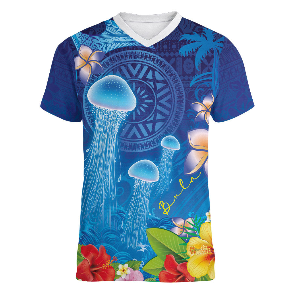Fiji Jellyfish Women V-Neck T-Shirt Tapa Patterns and Hibiscus Sea Vibe LT03 Female Blue - Polynesian Pride