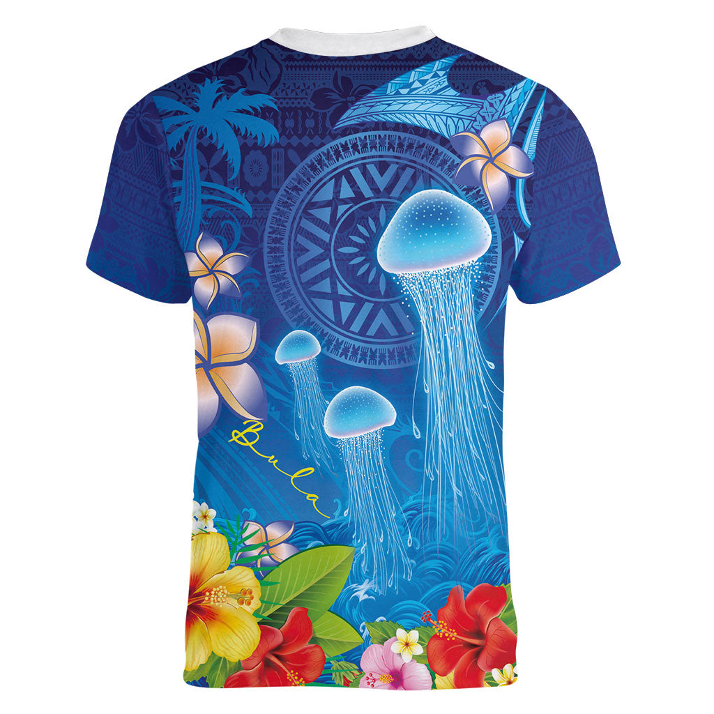 Fiji Jellyfish Women V-Neck T-Shirt Tapa Patterns and Hibiscus Sea Vibe LT03 - Polynesian Pride