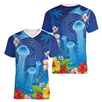 Fiji Jellyfish Women V-Neck T-Shirt Tapa Patterns and Hibiscus Sea Vibe LT03 - Polynesian Pride