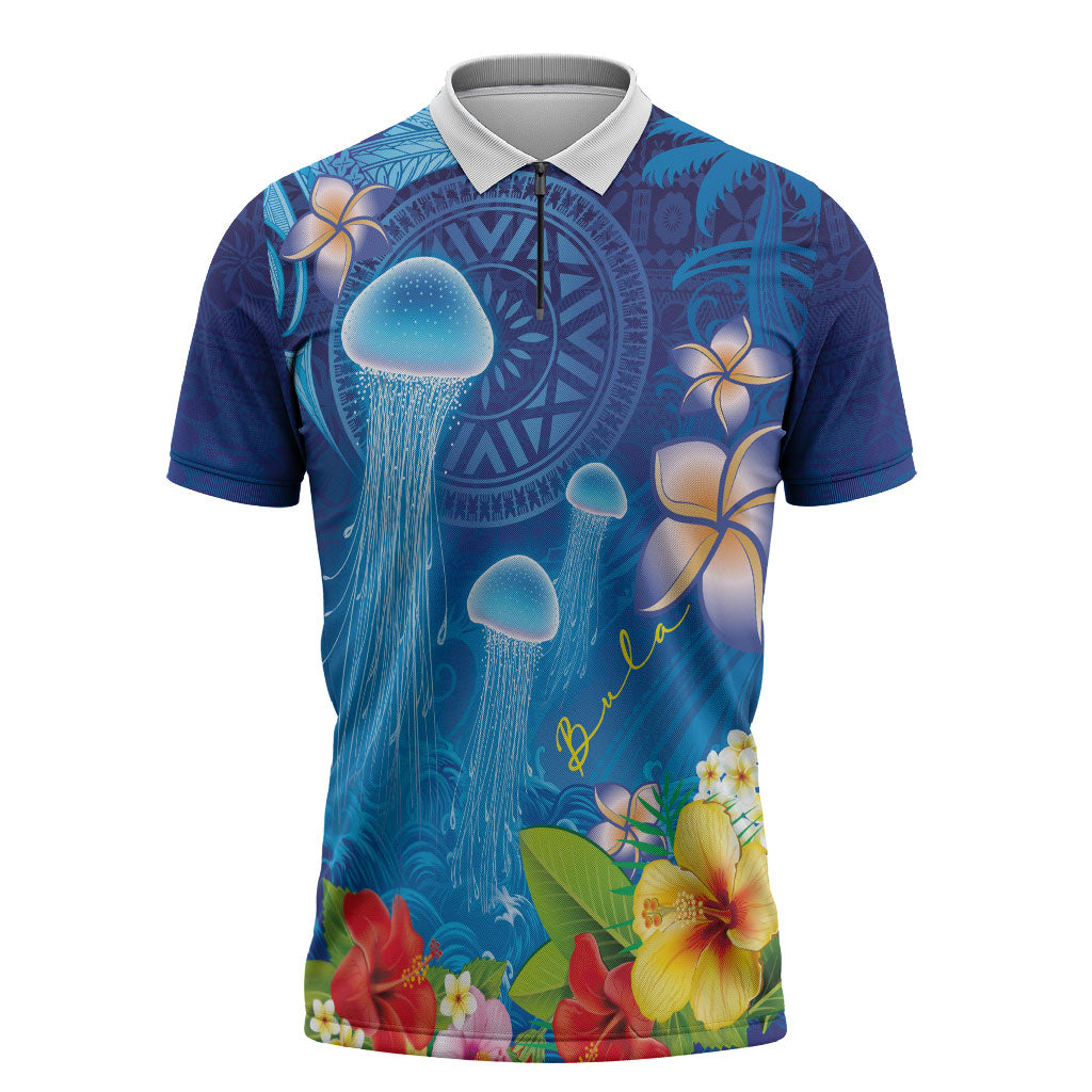 Fiji Jellyfish Zipper Polo Shirt Tapa Patterns and Hibiscus Sea Vibe