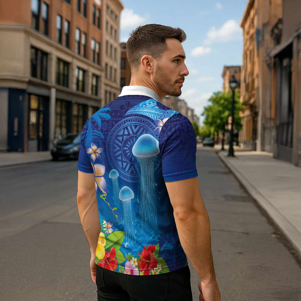 Fiji Jellyfish Zipper Polo Shirt Tapa Patterns and Hibiscus Sea Vibe