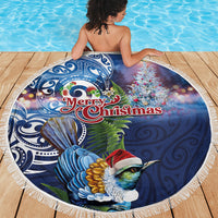 New Zealand Merry Christmas Beach Blanket Maori Tribal Pattern with Xmas Tui Bird LT03 - Polynesian Pride