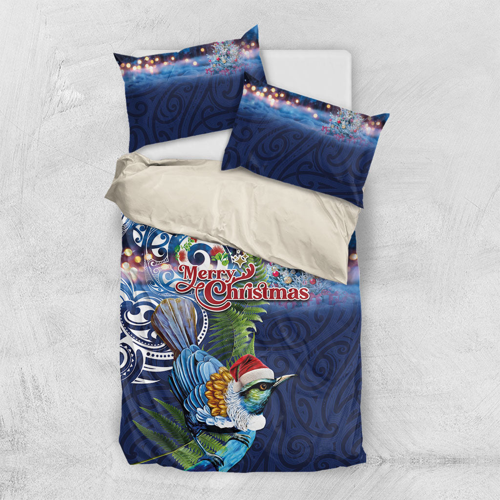 New Zealand Merry Christmas Bedding Set Maori Tribal Pattern with Xmas Tui Bird