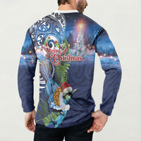 New Zealand Merry Christmas Button Sweatshirt Maori Tribal Pattern with Xmas Tui Bird