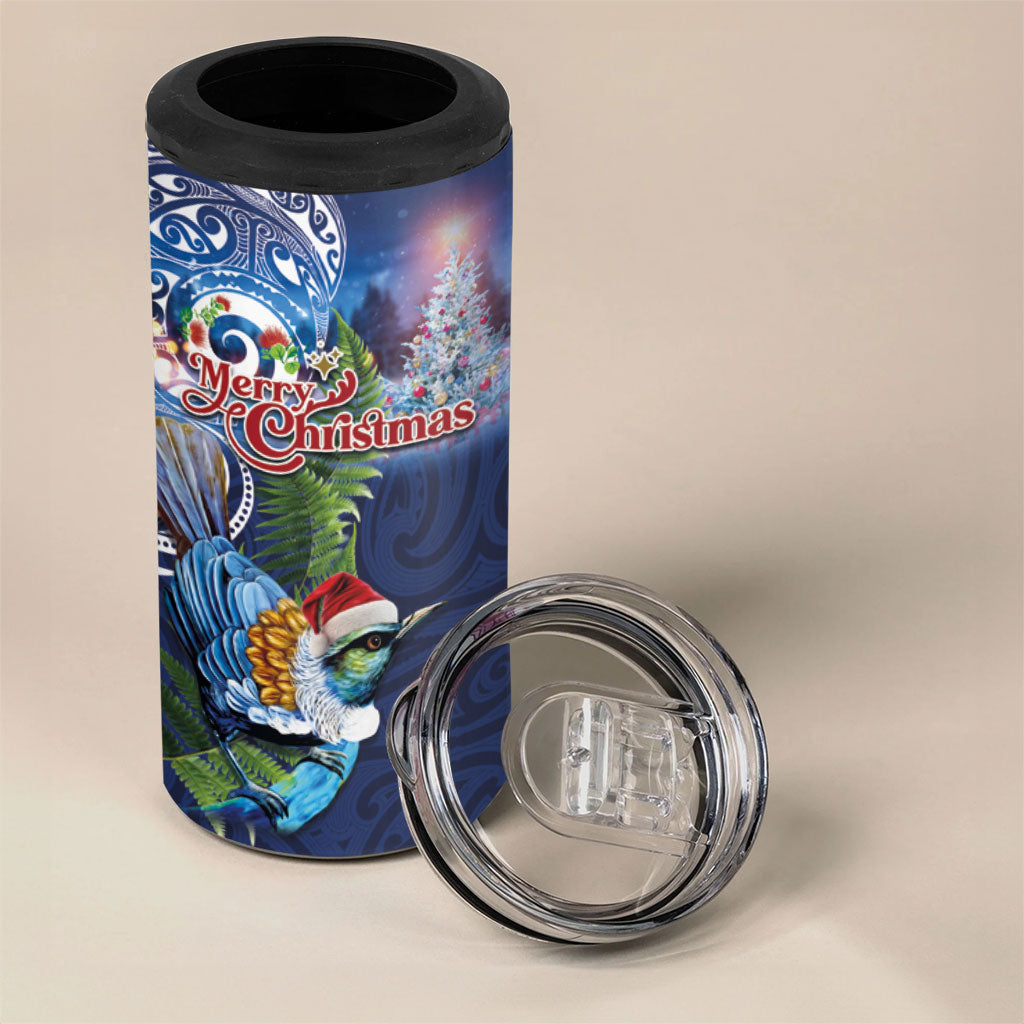 New Zealand Merry Christmas 4 in 1 Can Cooler Tumbler Maori Tribal Pattern with Xmas Tui Bird
