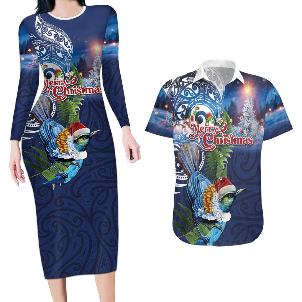 New Zealand Merry Christmas Couples Matching Long Sleeve Bodycon Dress and Hawaiian Shirt Maori Tribal Pattern with Xmas Tui Bird