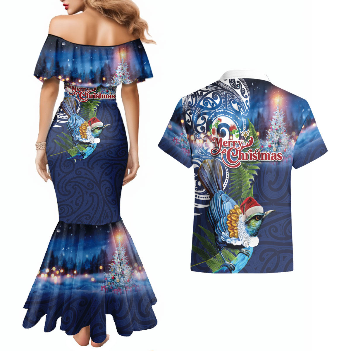 New Zealand Merry Christmas Couples Matching Mermaid Dress and Hawaiian Shirt Maori Tribal Pattern with Xmas Tui Bird