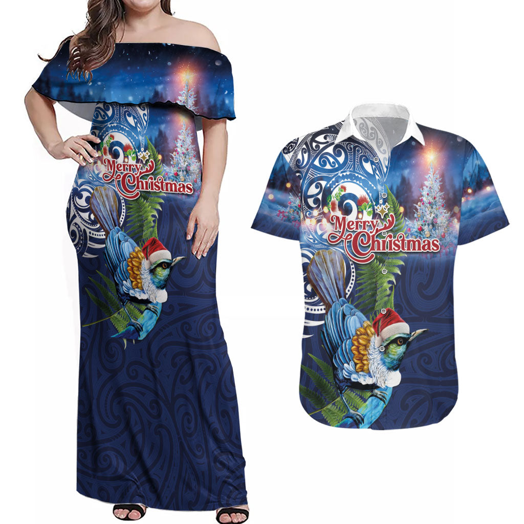 New Zealand Merry Christmas Couples Matching Off Shoulder Maxi Dress and Hawaiian Shirt Maori Tribal Pattern with Xmas Tui Bird