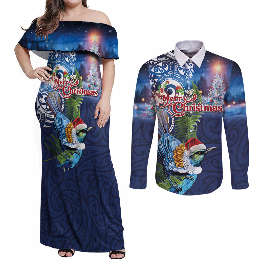 New Zealand Merry Christmas Couples Matching Off Shoulder Maxi Dress and Long Sleeve Button Shirt Maori Tribal Pattern with Xmas Tui Bird