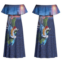 New Zealand Merry Christmas Couples Matching Off Shoulder Maxi Dress and Long Sleeve Button Shirt Maori Tribal Pattern with Xmas Tui Bird LT03 - Polynesian Pride