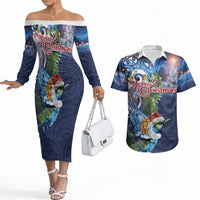 New Zealand Merry Christmas Couples Matching Off The Shoulder Long Sleeve Dress and Hawaiian Shirt Maori Tribal Pattern with Xmas Tui Bird LT03 Multicolor - Polynesian Pride