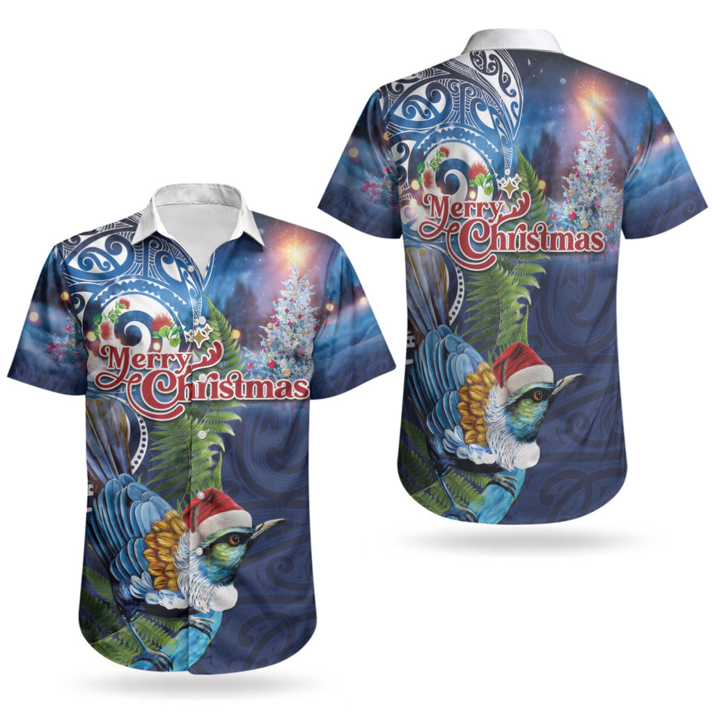 New Zealand Merry Christmas Couples Matching Off The Shoulder Long Sleeve Dress and Hawaiian Shirt Maori Tribal Pattern with Xmas Tui Bird LT03 - Polynesian Pride