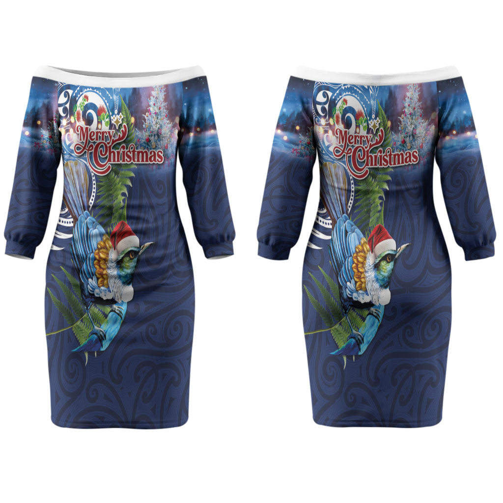 New Zealand Merry Christmas Couples Matching Off The Shoulder Long Sleeve Dress and Hawaiian Shirt Maori Tribal Pattern with Xmas Tui Bird LT03 - Polynesian Pride