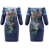 New Zealand Merry Christmas Couples Matching Off The Shoulder Long Sleeve Dress and Hawaiian Shirt Maori Tribal Pattern with Xmas Tui Bird LT03 - Polynesian Pride