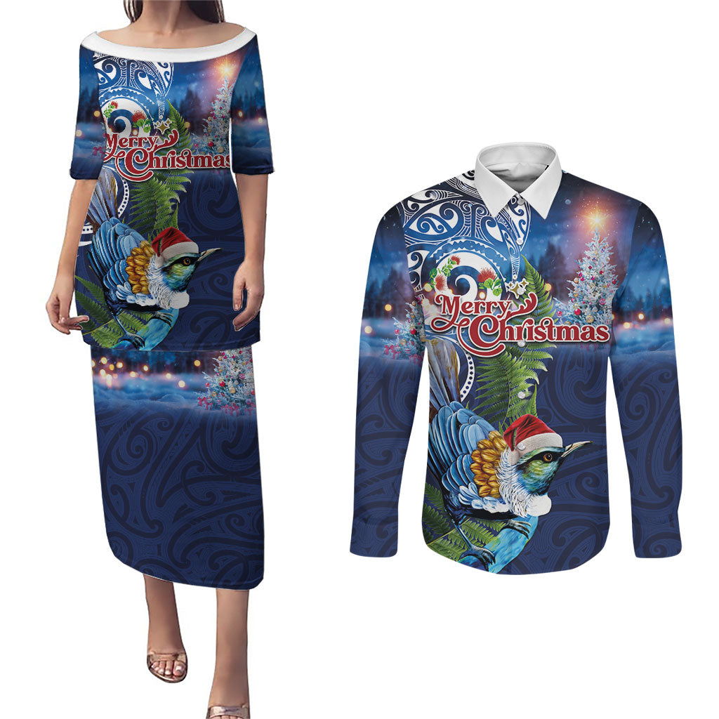 New Zealand Merry Christmas Couples Matching Puletasi and Long Sleeve Button Shirt Maori Tribal Pattern with Xmas Tui Bird