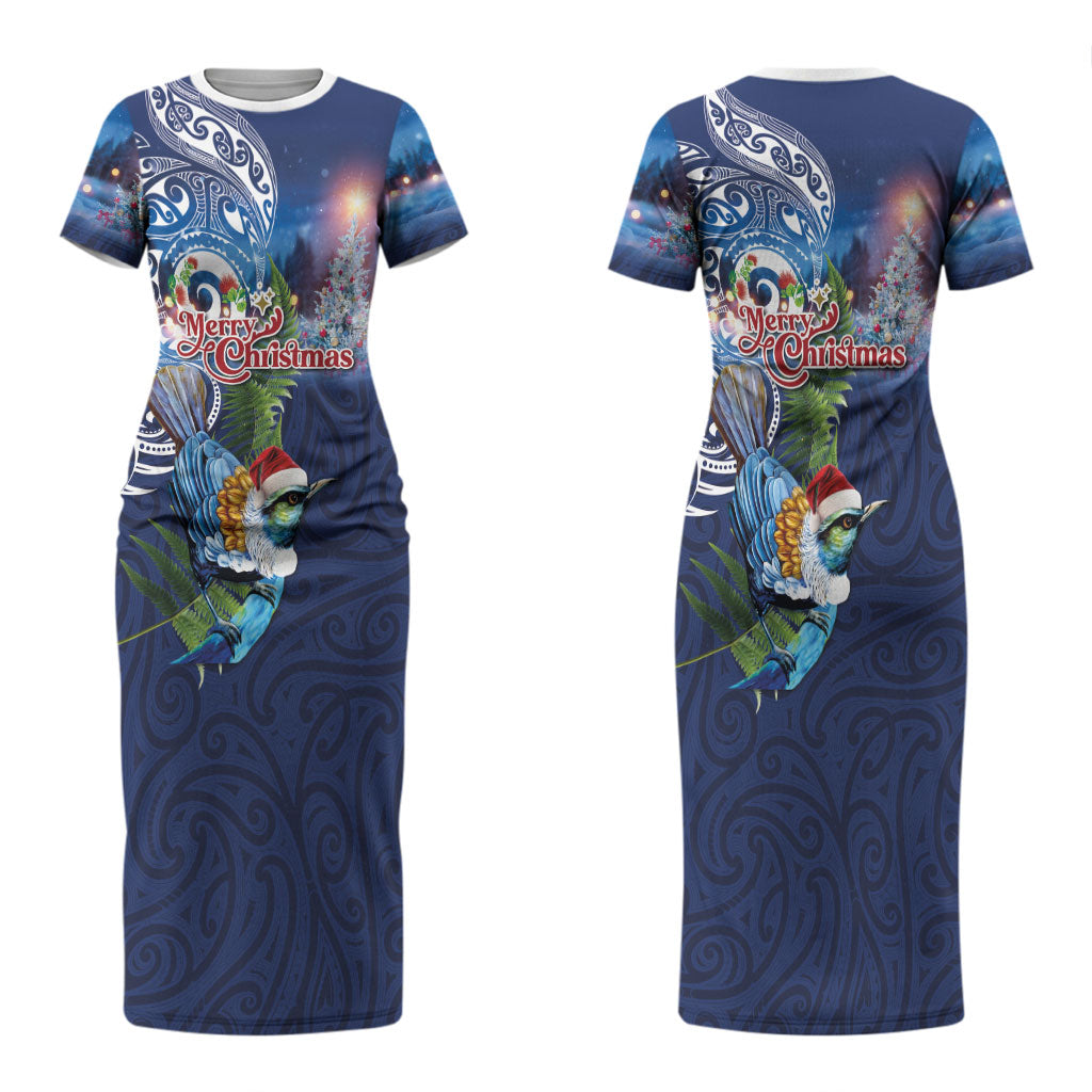 New Zealand Merry Christmas Couples Matching Short Sleeve Bodycon Dress and Hawaiian Shirt Maori Tribal Pattern with Xmas Tui Bird LT03 - Polynesian Pride