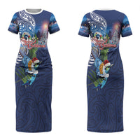 New Zealand Merry Christmas Couples Matching Short Sleeve Bodycon Dress and Hawaiian Shirt Maori Tribal Pattern with Xmas Tui Bird LT03 - Polynesian Pride