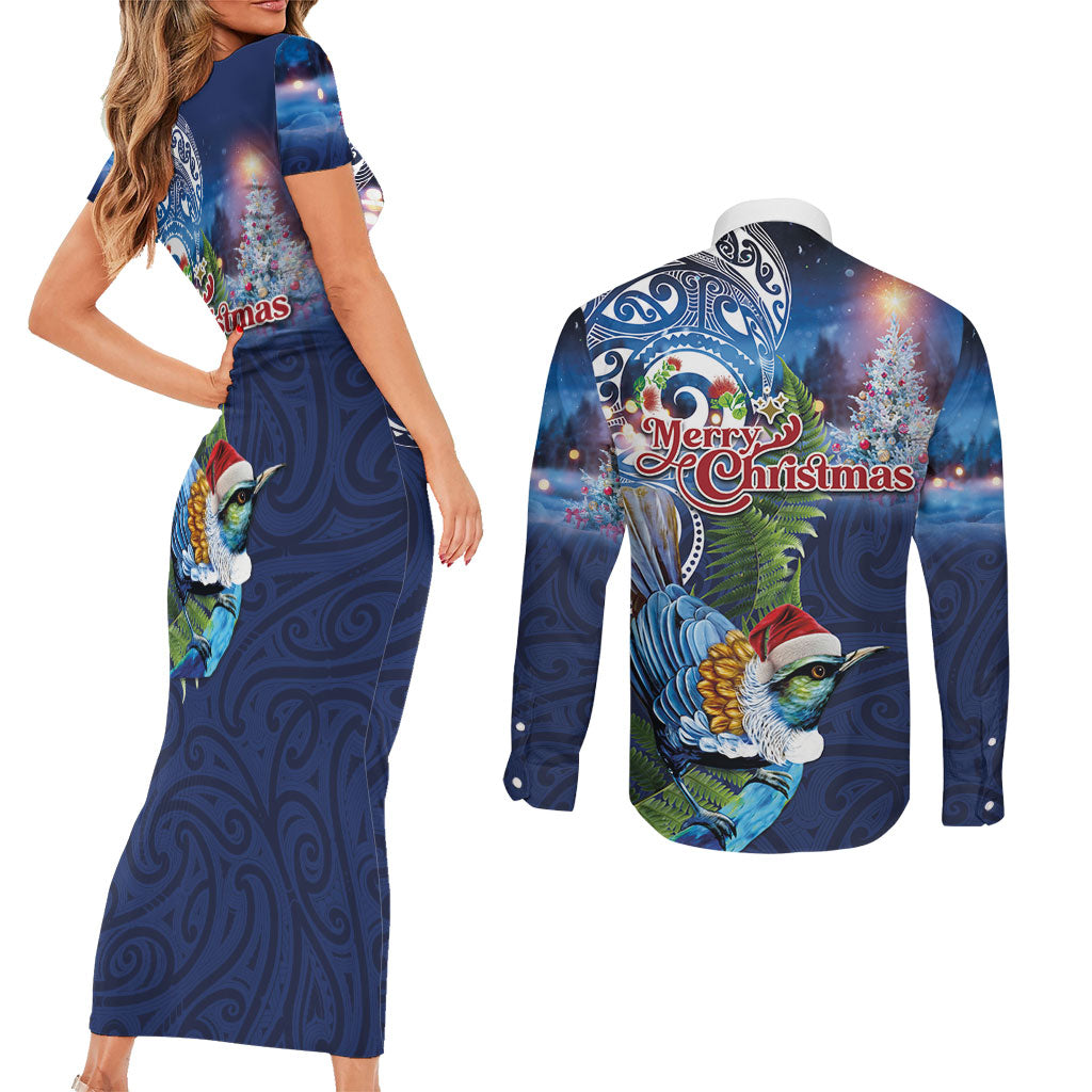 New Zealand Merry Christmas Couples Matching Short Sleeve Bodycon Dress and Long Sleeve Button Shirt Maori Tribal Pattern with Xmas Tui Bird