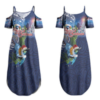 New Zealand Merry Christmas Couples Matching Summer Maxi Dress and Long Sleeve Button Shirt Maori Tribal Pattern with Xmas Tui Bird LT03 - Polynesian Pride