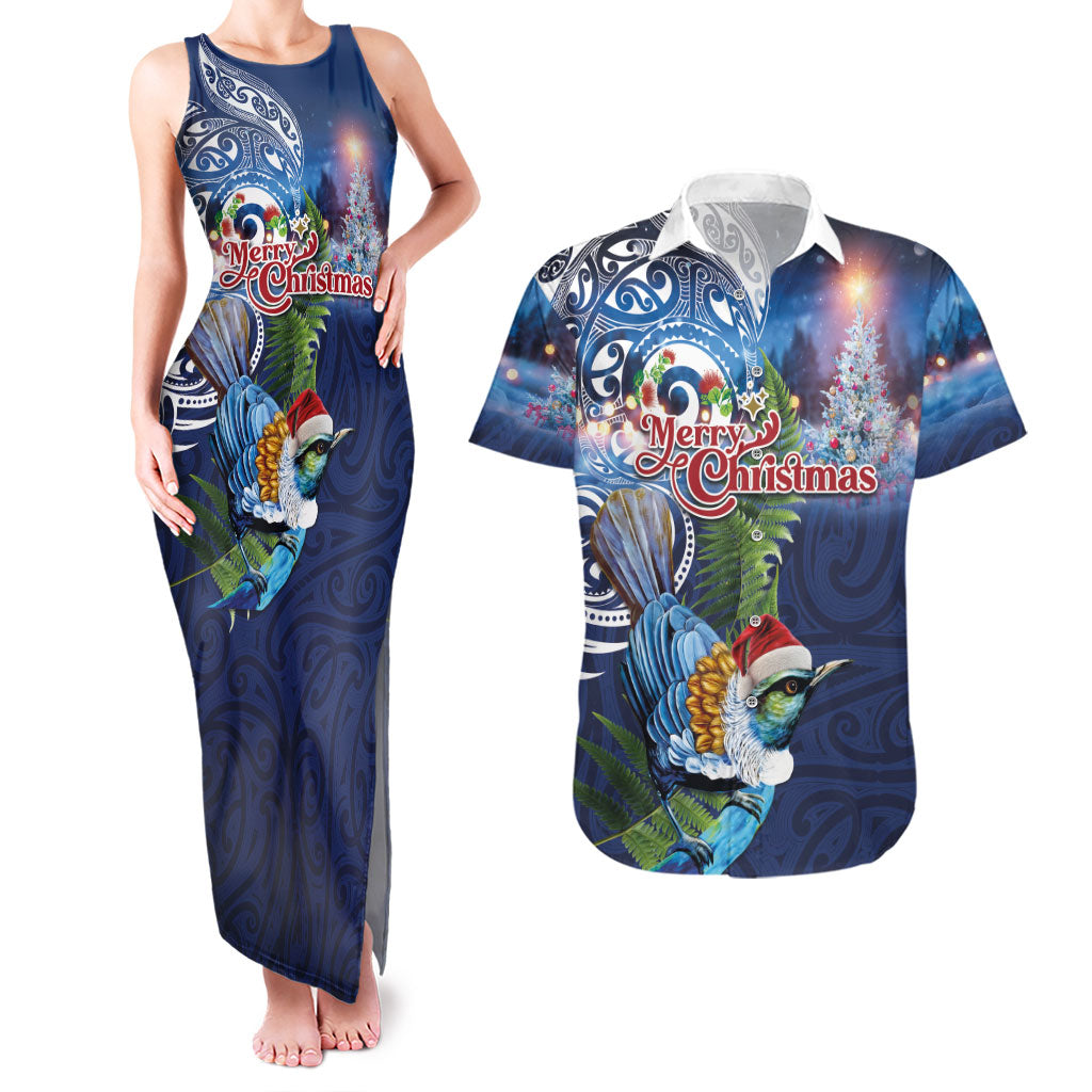 New Zealand Merry Christmas Couples Matching Tank Maxi Dress and Hawaiian Shirt Maori Tribal Pattern with Xmas Tui Bird