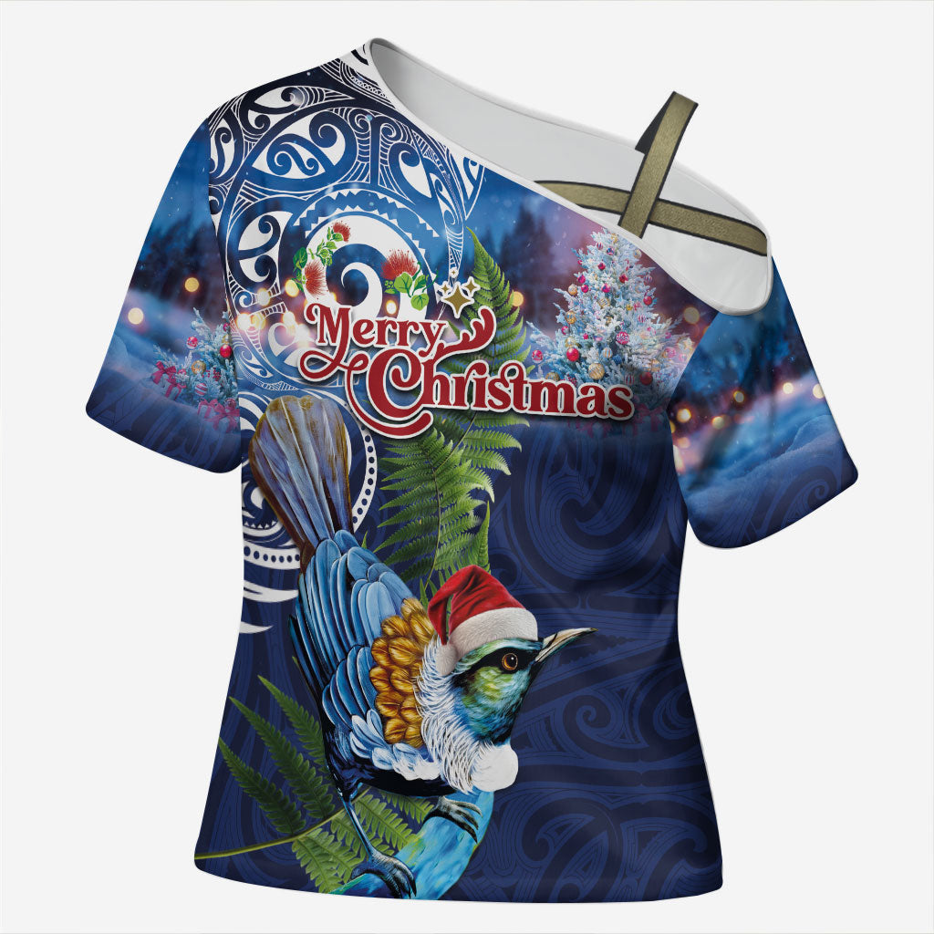 New Zealand Merry Christmas Cross Shoulder Shirt Maori Tribal Pattern with Xmas Tui Bird
