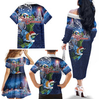 New Zealand Merry Christmas Family Matching Off The Shoulder Long Sleeve Dress and Hawaiian Shirt Maori Tribal Pattern with Xmas Tui Bird