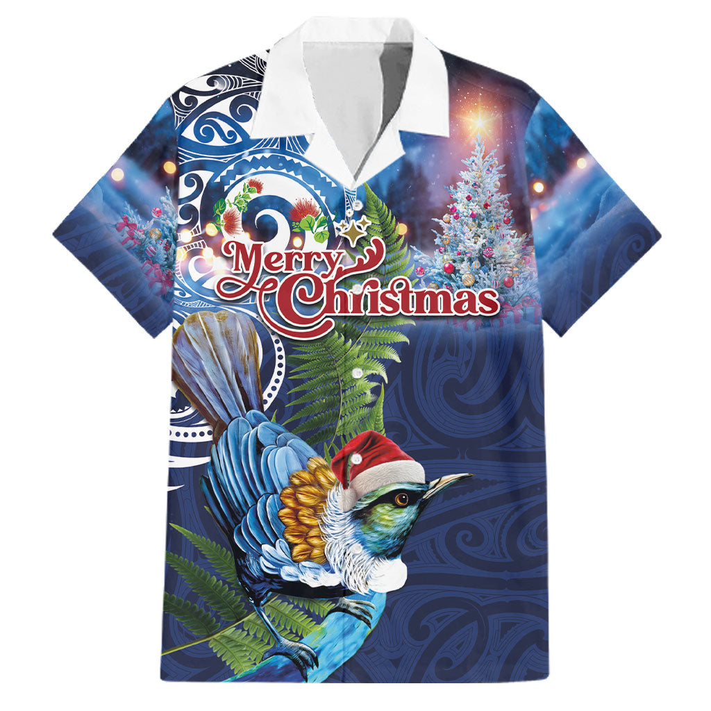 New Zealand Merry Christmas Family Matching Off Shoulder Maxi Dress and Hawaiian Shirt Maori Tribal Pattern with Xmas Tui Bird