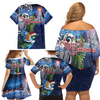 New Zealand Merry Christmas Family Matching Off Shoulder Short Dress and Hawaiian Shirt Maori Tribal Pattern with Xmas Tui Bird
