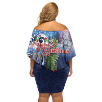 New Zealand Merry Christmas Family Matching Off Shoulder Short Dress and Hawaiian Shirt Maori Tribal Pattern with Xmas Tui Bird