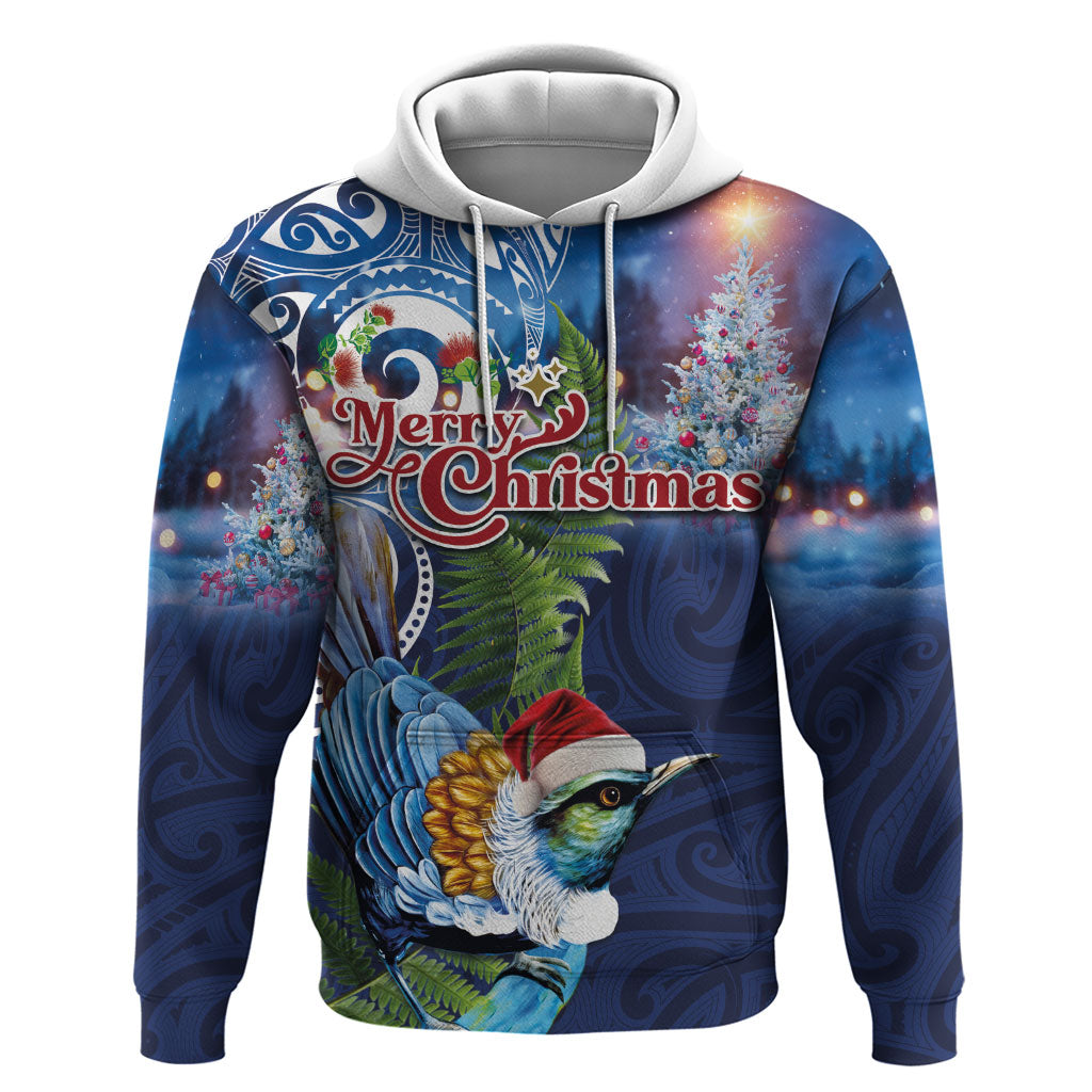 New Zealand Merry Christmas Hoodie Maori Tribal Pattern with Xmas Tui Bird