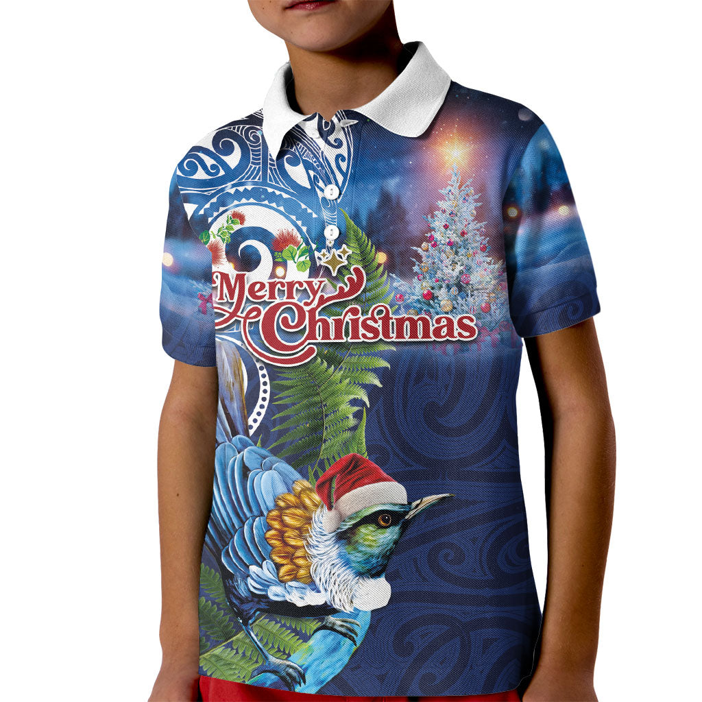 New Zealand Merry Christmas Kid Polo Shirt Maori Tribal Pattern with Xmas Tui Bird