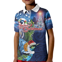 New Zealand Merry Christmas Kid Polo Shirt Maori Tribal Pattern with Xmas Tui Bird