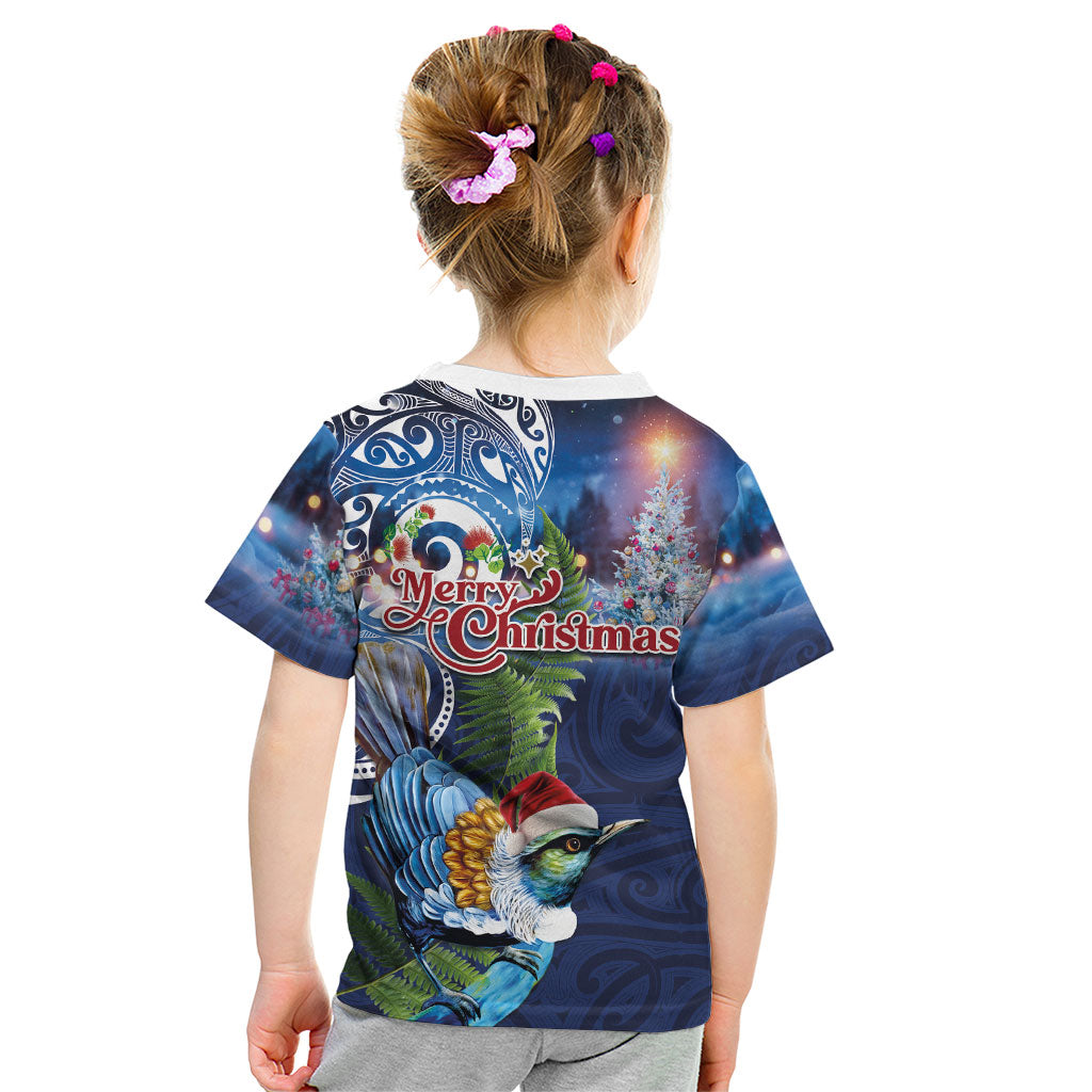 New Zealand Merry Christmas Kid T Shirt Maori Tribal Pattern with Xmas Tui Bird