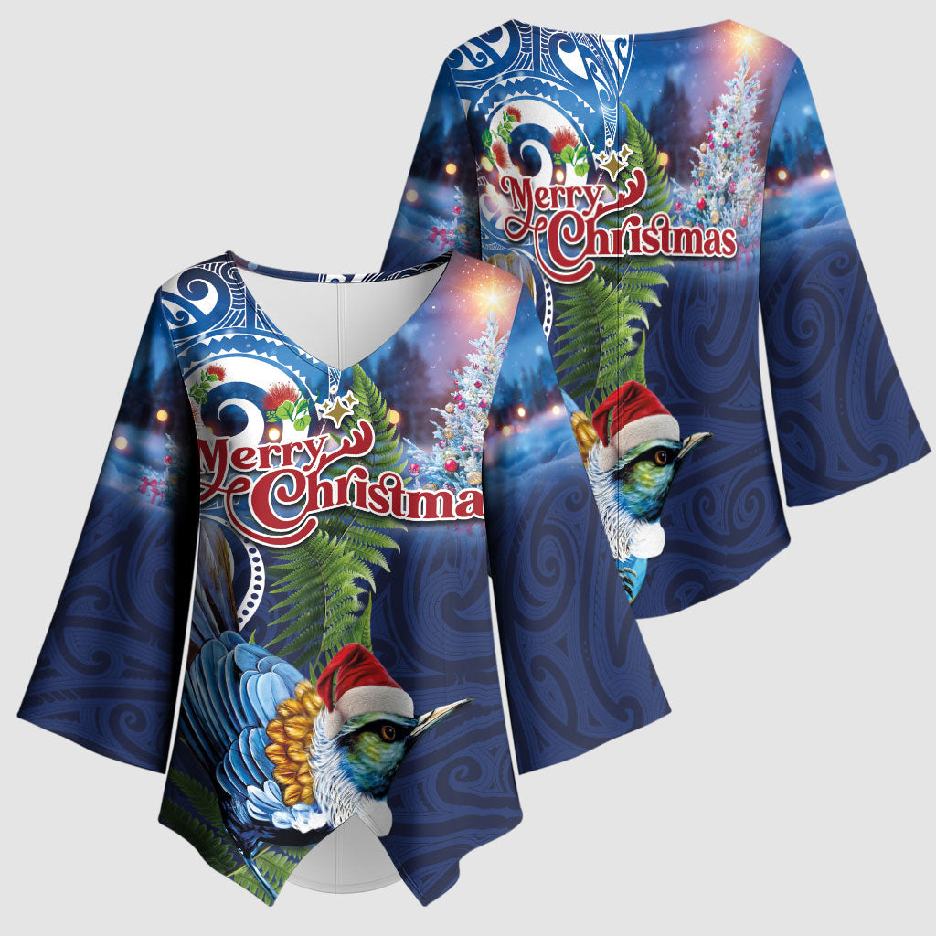 New Zealand Merry Christmas Kimono Sleeve Blouse Maori Tribal Pattern with Xmas Tui Bird