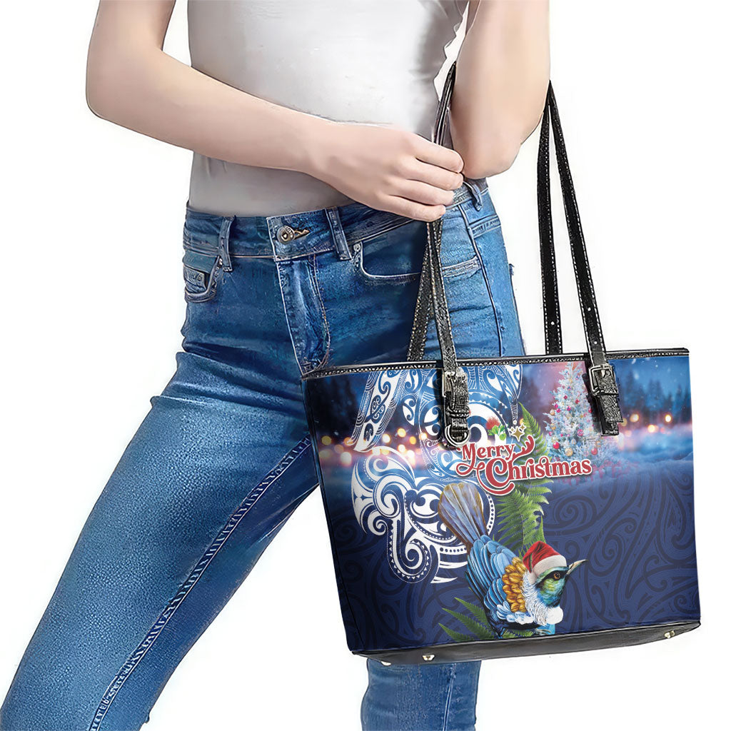 New Zealand Merry Christmas Leather Tote Bag Maori Tribal Pattern with Xmas Tui Bird