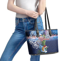 New Zealand Merry Christmas Leather Tote Bag Maori Tribal Pattern with Xmas Tui Bird