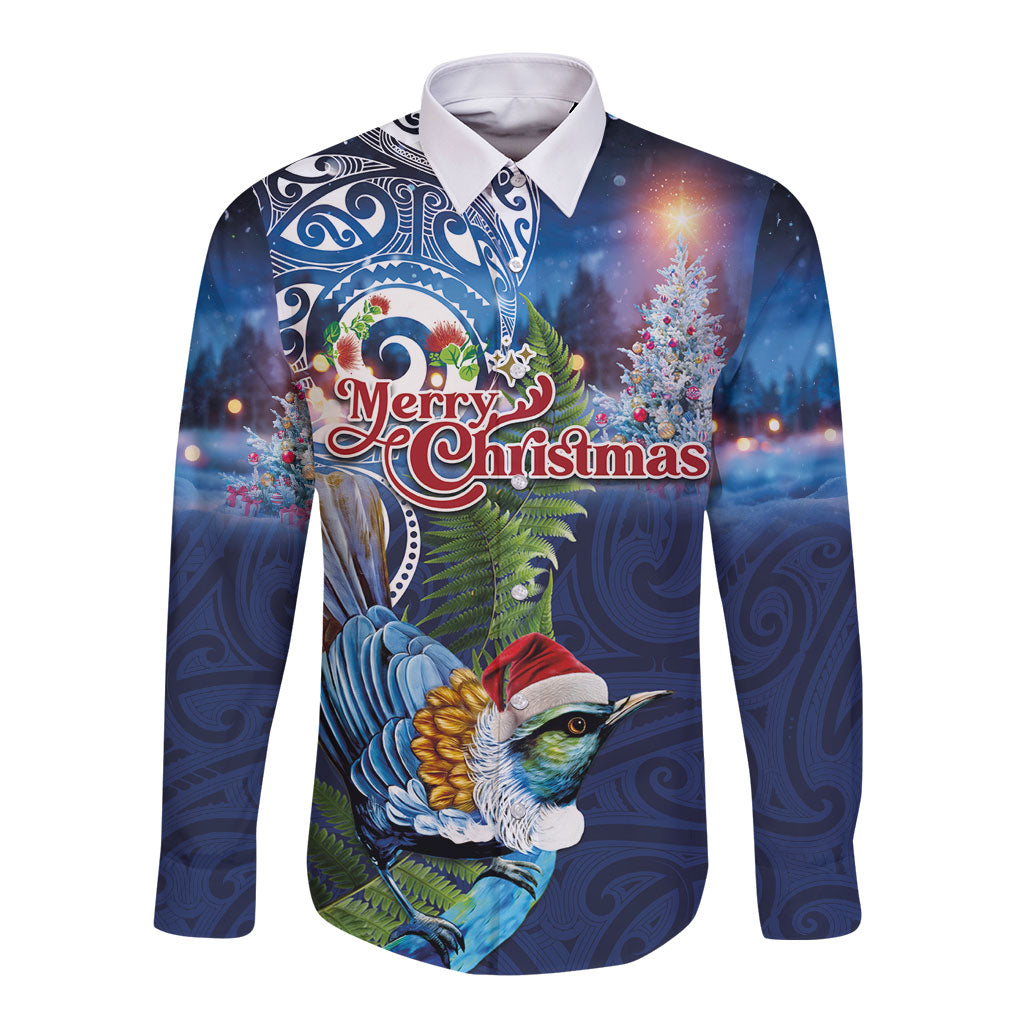 New Zealand Merry Christmas Long Sleeve Button Shirt Maori Tribal Pattern with Xmas Tui Bird