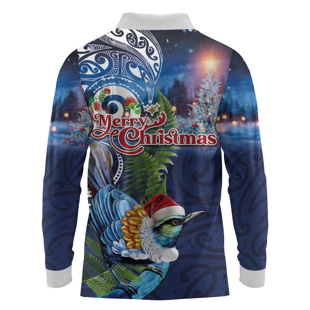 New Zealand Merry Christmas Long Sleeve Polo Shirt Maori Tribal Pattern with Xmas Tui Bird